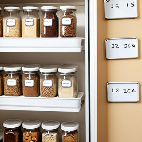 Home 11 **
A cozy, well-organized pantry. Jars and containers are neatly arranged on shelves. Some are labeled with dates using a label maker. Focus on natural lighting coming through a nearby window. In the foreground, a person is reaching for a container of homemade cookies. The overall tone is warm and inviting, emphasizing organization and freshness. Add a whiteboard on the door with some pastries on it.
**