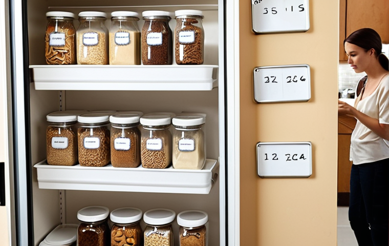 **
A cozy, well-organized pantry. Jars and containers are neatly arranged on shelves. Some are labeled with dates using a label maker. Focus on natural lighting coming through a nearby window. In the foreground, a person is reaching for a container of homemade cookies. The overall tone is warm and inviting, emphasizing organization and freshness. Add a whiteboard on the door with some pastries on it.
**