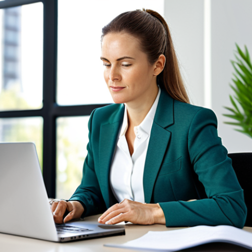 A professional woman, mid-30s, dressed in a modest business suit, sitting comfortably at a sleek, minimalist desk in a modern, sunlit office. She holds a whole-food energy bar with visible nuts and seeds, contemplating it thoughtfully. The background features blurred office elements like a laptop screen and a green plant. Professional photography style, bright, natural lighting. Perfect anatomy, correct proportions, natural pose, well-formed hands, proper finger count, natural body proportions. Fully clothed, appropriate attire, modest clothing, safe for work, appropriate content, professional.