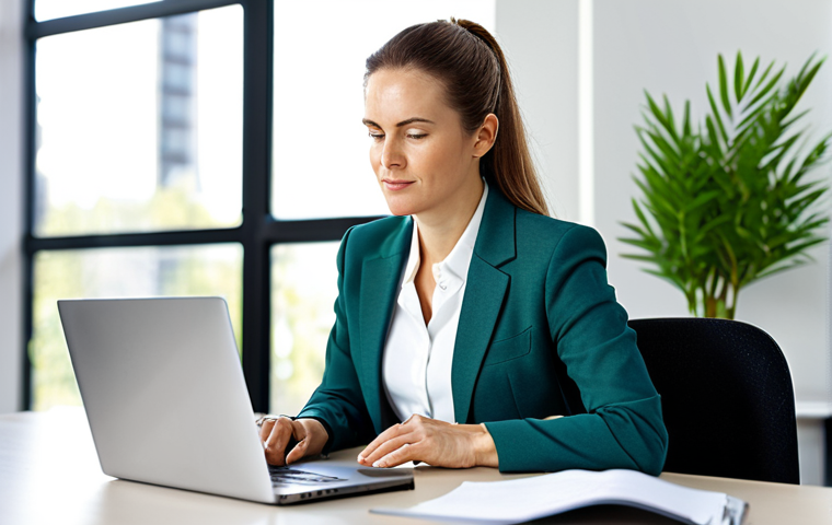 A professional woman, mid-30s, dressed in a modest business suit, sitting comfortably at a sleek, minimalist desk in a modern, sunlit office. She holds a whole-food energy bar with visible nuts and seeds, contemplating it thoughtfully. The background features blurred office elements like a laptop screen and a green plant. Professional photography style, bright, natural lighting. Perfect anatomy, correct proportions, natural pose, well-formed hands, proper finger count, natural body proportions. Fully clothed, appropriate attire, modest clothing, safe for work, appropriate content, professional.