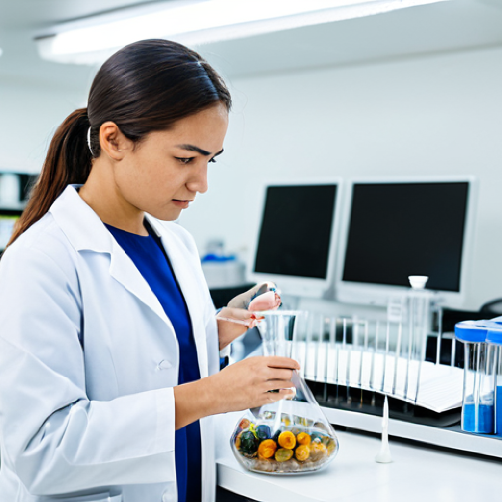 A professional food scientist, female, in a pristine, modest lab coat, standing at a clean, modern laboratory workbench. She is focused on precise measurements of various sugar alternative samples (erythritol, monk fruit, allulose) in glass beakers. The background is a bright, well-lit scientific research lab with blurred equipment, emphasizing a focus on innovation and health. Perfect anatomy, correct proportions, natural pose, well-formed hands, proper finger count, natural body proportions, professional photography, high quality, safe for work, appropriate content, fully clothed, professional dress, modest.