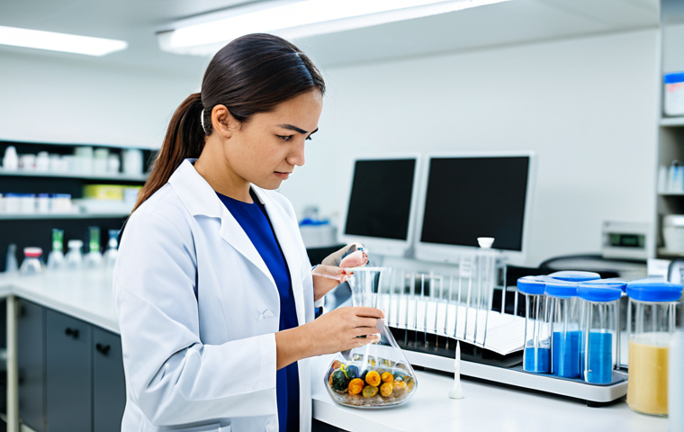 A professional food scientist, female, in a pristine, modest lab coat, standing at a clean, modern laboratory workbench. She is focused on precise measurements of various sugar alternative samples (erythritol, monk fruit, allulose) in glass beakers. The background is a bright, well-lit scientific research lab with blurred equipment, emphasizing a focus on innovation and health. Perfect anatomy, correct proportions, natural pose, well-formed hands, proper finger count, natural body proportions, professional photography, high quality, safe for work, appropriate content, fully clothed, professional dress, modest.