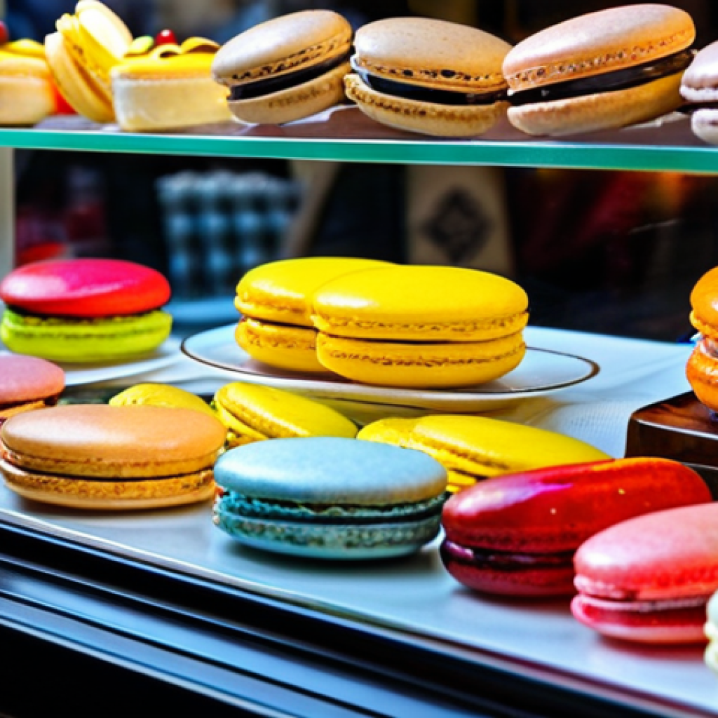 **

A charming French *p&acirc;tisserie* display case filled with colorful macarons, &eacute;clairs, and *tarte aux fruits*. Focus on the intricate details and vibrant colors of the pastries. Soft, diffused lighting. Background: a glimpse of Parisian street scene through the shop window. safe for work, appropriate content, fully clothed, professional, perfect anatomy, natural proportions, high quality.

**