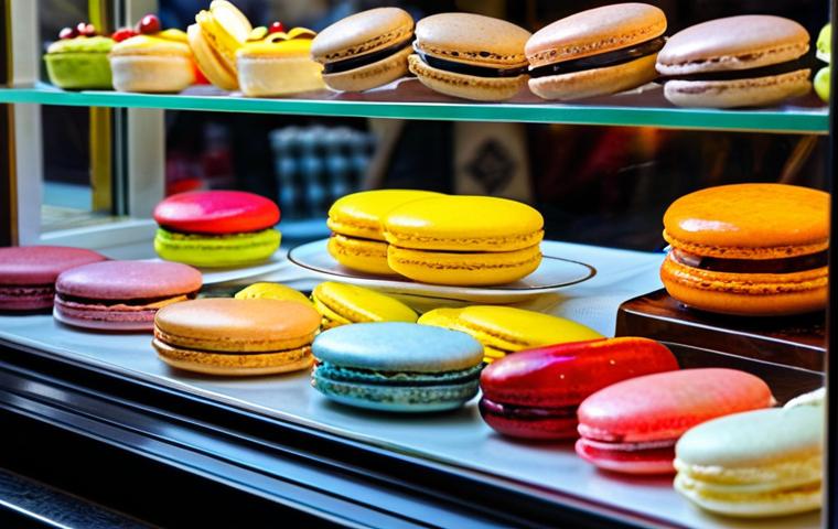 **

A charming French *p&acirc;tisserie* display case filled with colorful macarons, &eacute;clairs, and *tarte aux fruits*. Focus on the intricate details and vibrant colors of the pastries. Soft, diffused lighting. Background: a glimpse of Parisian street scene through the shop window. safe for work, appropriate content, fully clothed, professional, perfect anatomy, natural proportions, high quality.

**