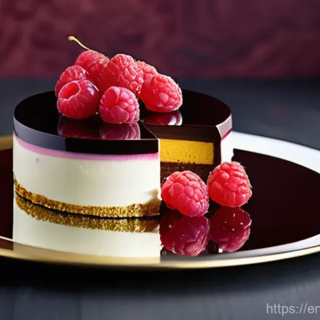 디저트 과자 가격대별 비교 - **Prompt:** A high-resolution, gourmet food photograph showcasing a delicate, multi-layered entremet...