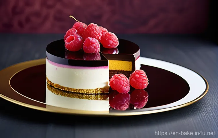 디저트 과자 가격대별 비교 - **Prompt:** A high-resolution, gourmet food photograph showcasing a delicate, multi-layered entremet...