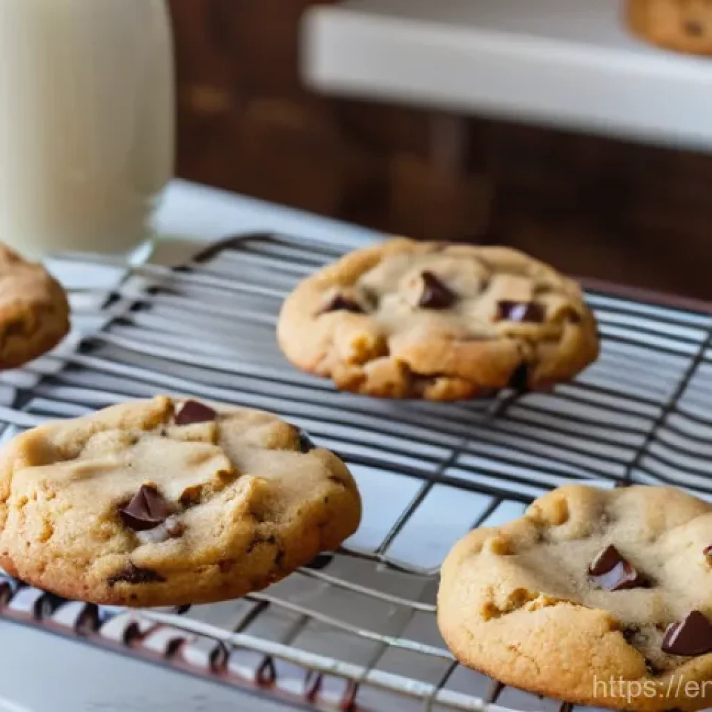 디저트 과자 브랜드별 인기 - **A close-up, warm and inviting photograph of freshly baked, golden-brown chocolate chip cookies on ...
