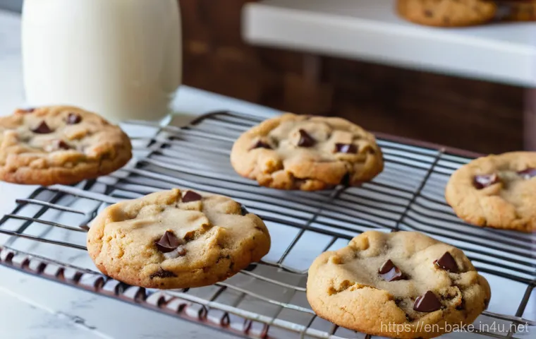 디저트 과자 브랜드별 인기 - **A close-up, warm and inviting photograph of freshly baked, golden-brown chocolate chip cookies on ...