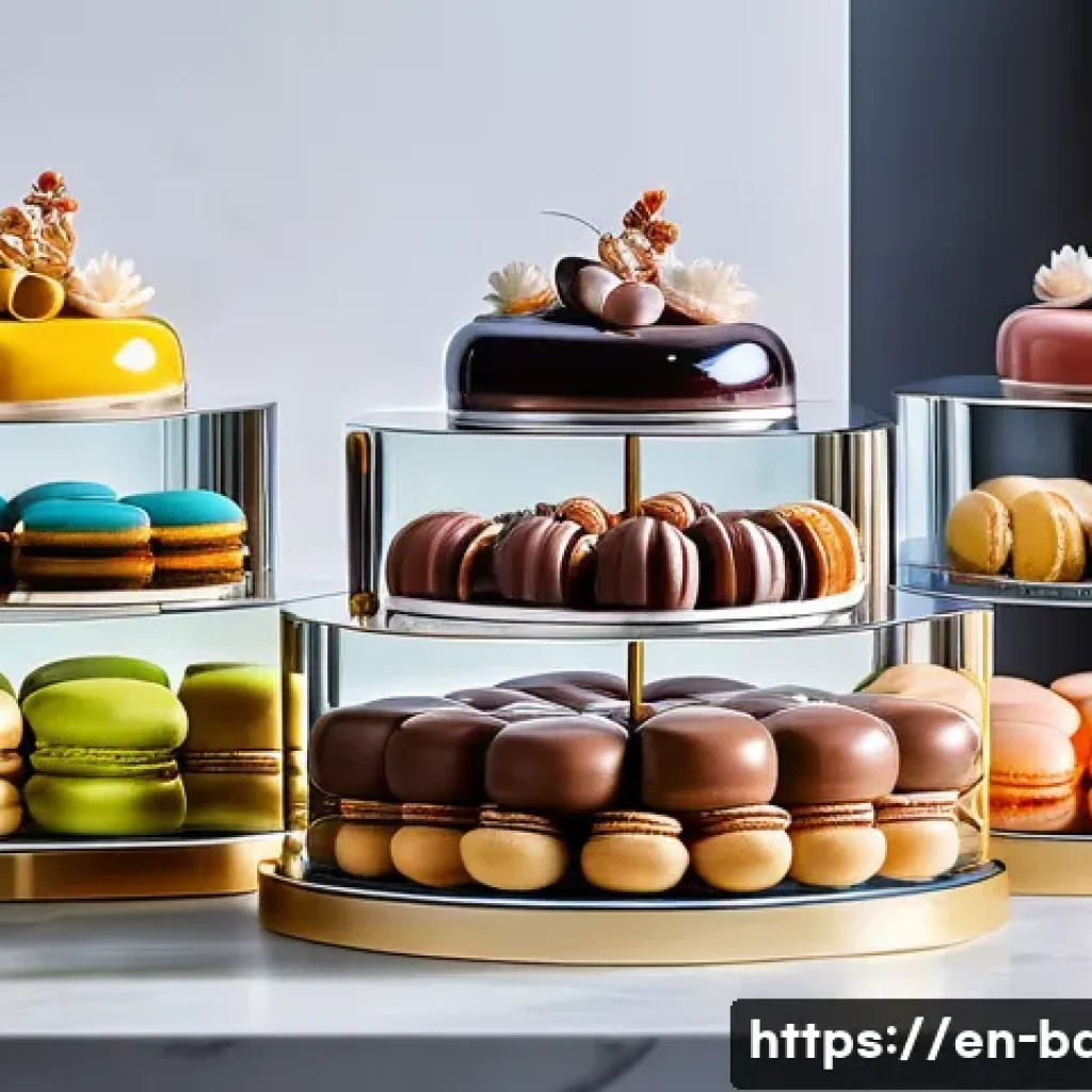디저트제과 가격대별 비교 - A luxurious artisanal patisserie display featuring a variety of elegant desserts: multi-layered entr...