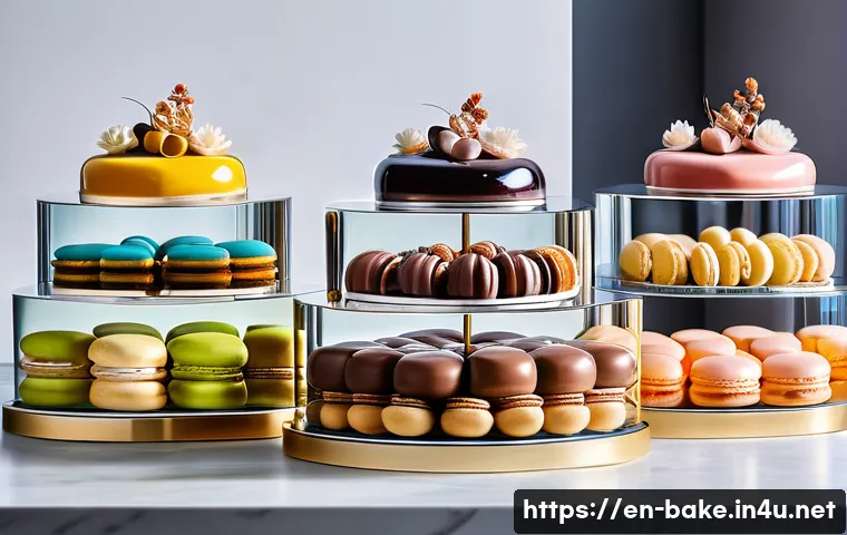 디저트제과 가격대별 비교 - A luxurious artisanal patisserie display featuring a variety of elegant desserts: multi-layered entr...