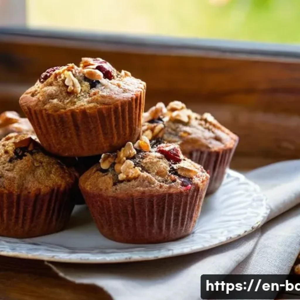 견과류와 과일이 포함된 제과 - A rustic kitchen scene featuring freshly baked walnut and dried cherry muffins arranged on a wooden ...