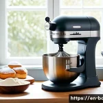 가정용 제과 제조기 추천 - A bright, modern kitchen countertop scene featuring a sleek BakeMaster Pro 3000 pastry maker with ad...
