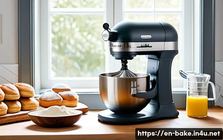 가정용 제과 제조기 추천 - A bright, modern kitchen countertop scene featuring a sleek BakeMaster Pro 3000 pastry maker with ad...