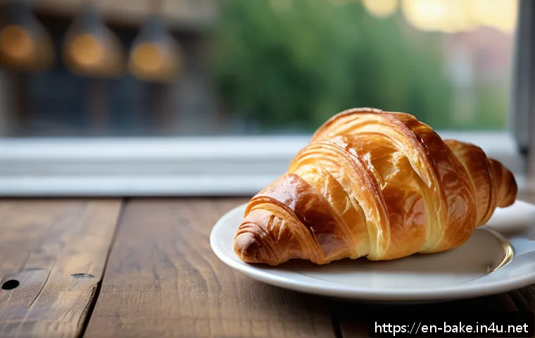 고급 제과 제품 추천 - A close-up, high-resolution image of an artisanal croissant on a rustic wooden table, showcasing its...