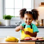 어린이 영양을 고려한 과자 - A bright and cheerful kitchen scene featuring a young child wearing a colorful apron and a diaper, h...