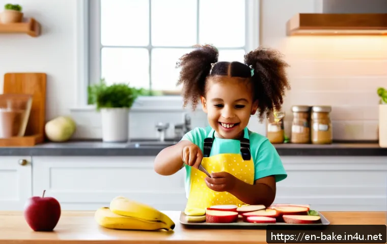 어린이 영양을 고려한 과자 - A bright and cheerful kitchen scene featuring a young child wearing a colorful apron and a diaper, h...