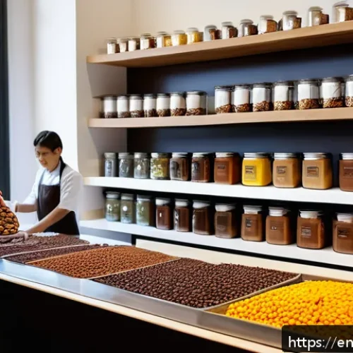 고급 제과 제품 품질 보증 - A bright, modern artisan chocolate workshop with a chocolatier carefully inspecting raw cocoa beans ...