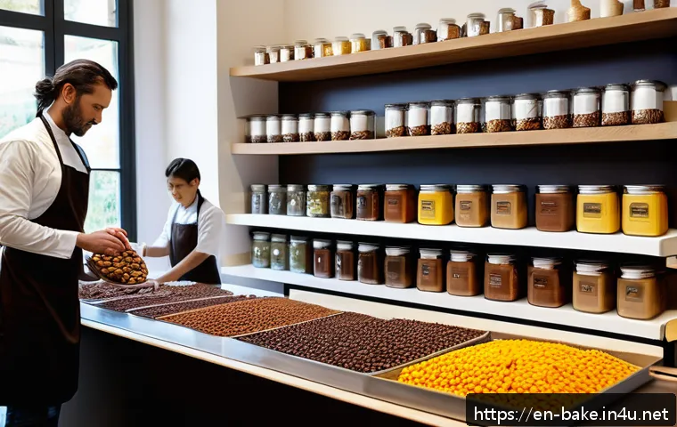 고급 제과 제품 품질 보증 - A bright, modern artisan chocolate workshop with a chocolatier carefully inspecting raw cocoa beans ...