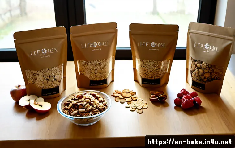 건강식 과자 브랜드 - Photorealistic healthy snack comparison scene on a clean light-wood kitchen table: unbranded kraft p...