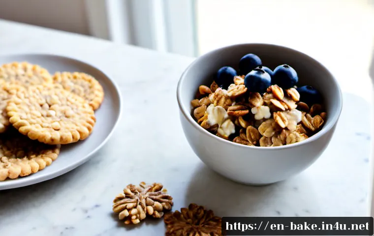 Home 17 유산균이 포함된 제과 - Photorealistic close-up of a wholesome probiotic snack arrangement on a bright kitchen counter: a sm...