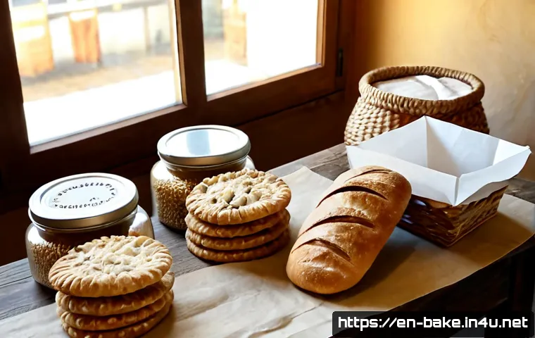 제과 제품의 지속 가능성 - Photorealistic sustainable bakery scene, a rustic wooden table with fresh artisan bread, oat cookies...